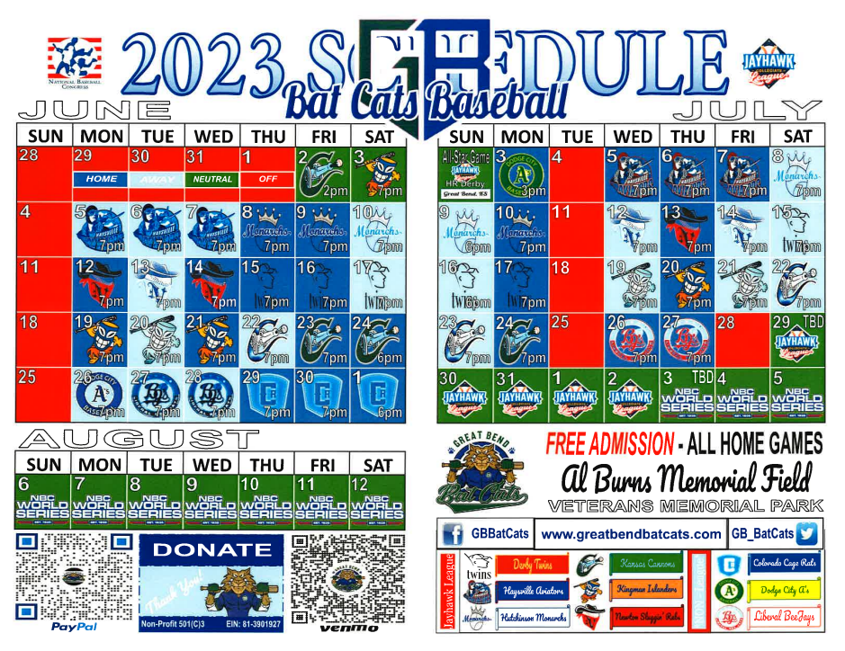 2023 Schedule Great Bend Bat Cats Baseball Club